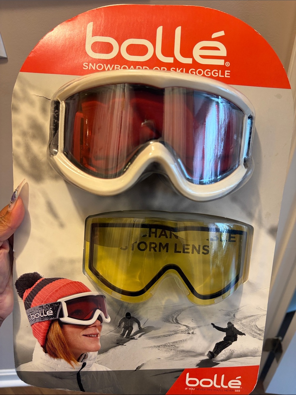 Bile White Snowboard Goggle with Red Mirror Lens and Yellow Replacement Lens